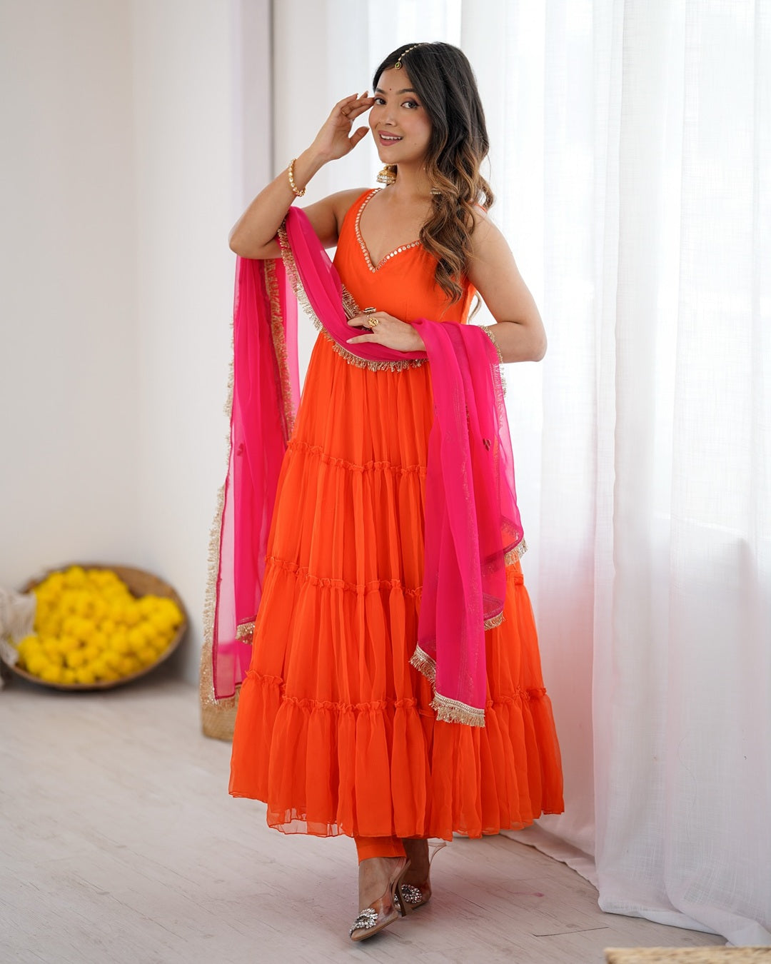 Orange Color Georgette Chiffon Three Piece Anarkali Suit