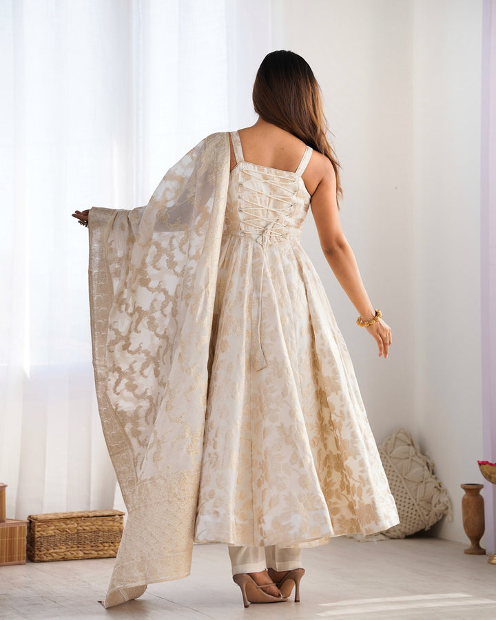 Off-White Banarasi Jacquard Silk Anarkali Suit | Elegant Festive Wear