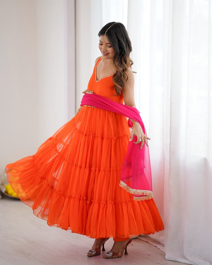 Orange Color Georgette Chiffon Three Piece Anarkali Suit