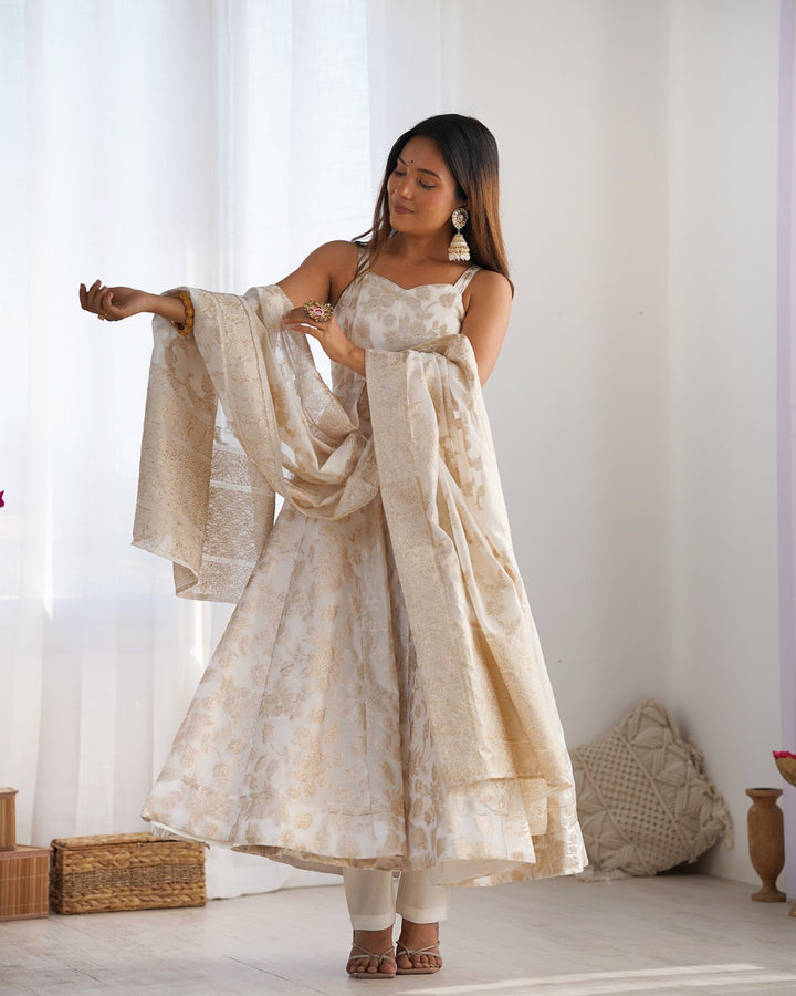 Off-White Banarasi Jacquard Silk Anarkali Suit | Elegant Festive Wear