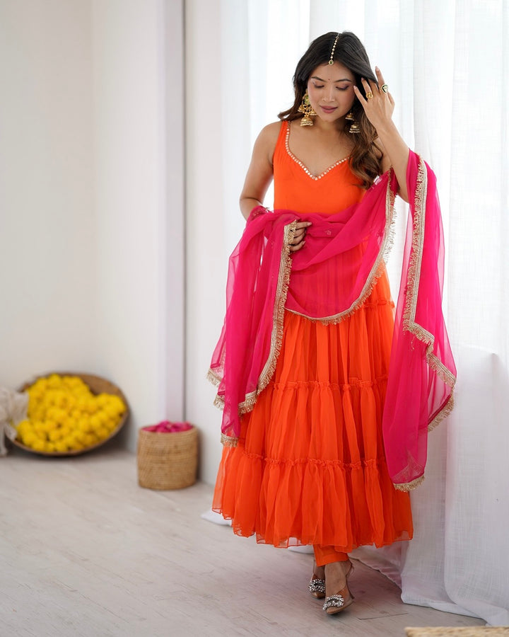 Orange Color Georgette Chiffon Three Piece Anarkali Suit