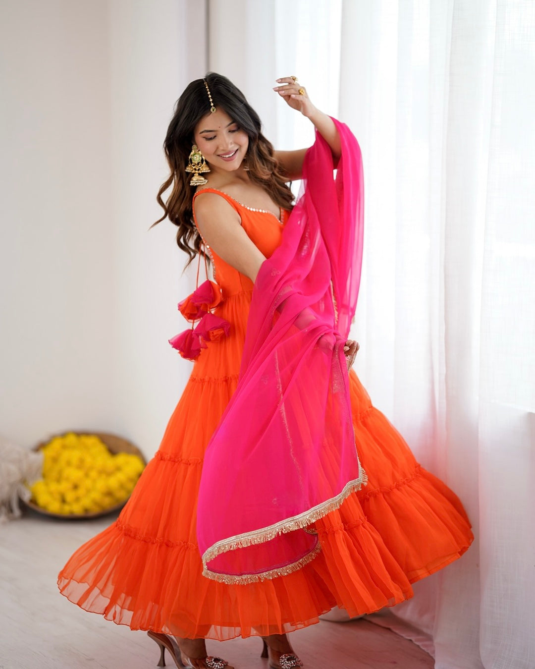 Orange Color Georgette Chiffon Three Piece Anarkali Suit
