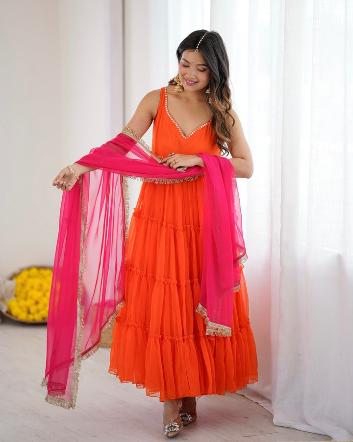Orange Color Georgette Chiffon Three Piece Anarkali Suit