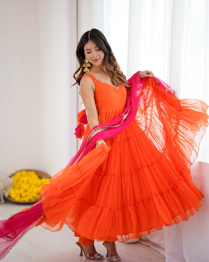 Orange Color Georgette Chiffon Three Piece Anarkali Suit