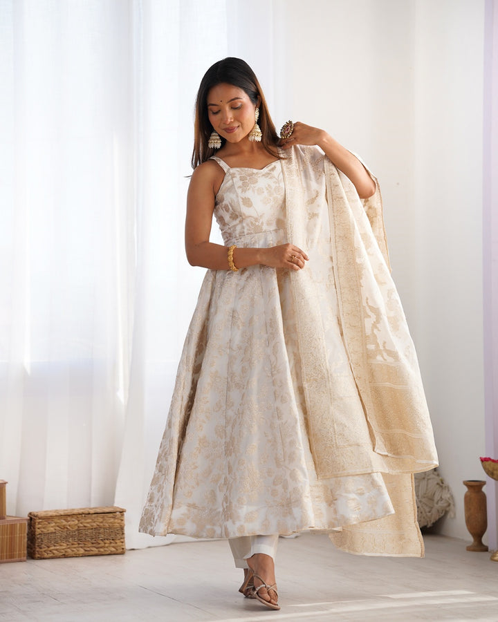 Off-White Banarasi Jacquard Silk Anarkali Suit | Elegant Festive Wear
