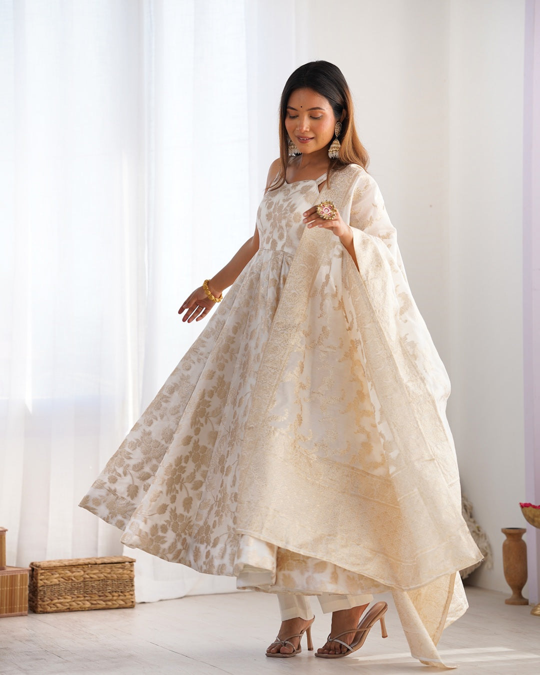 Off-White Banarasi Jacquard Silk Anarkali Suit | Elegant Festive Wear