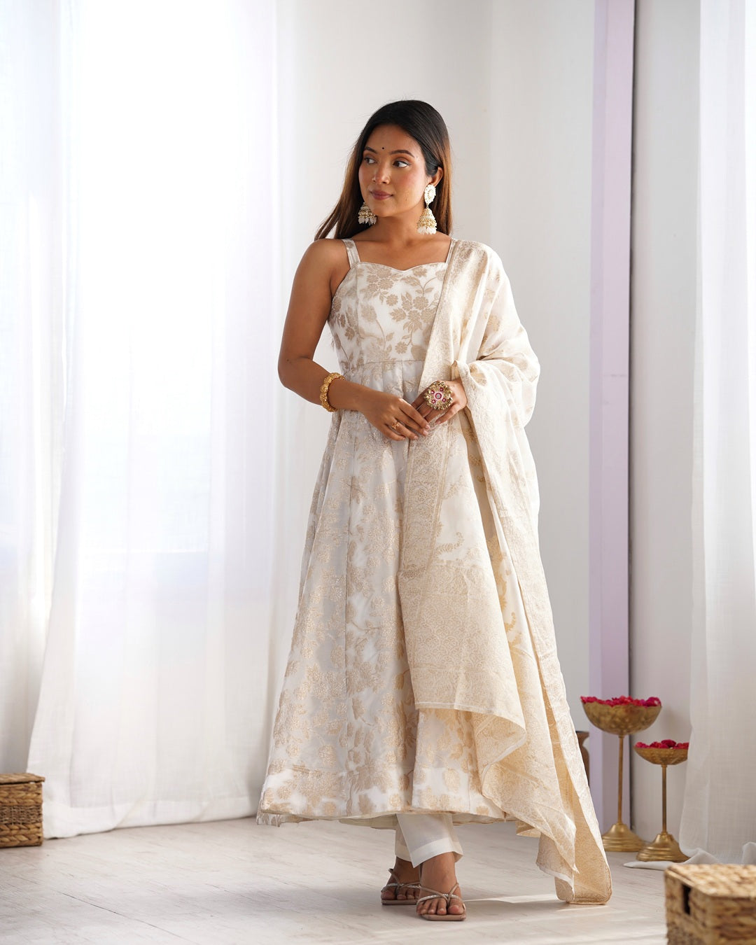 Off-White Banarasi Jacquard Silk Anarkali Suit | Elegant Festive Wear