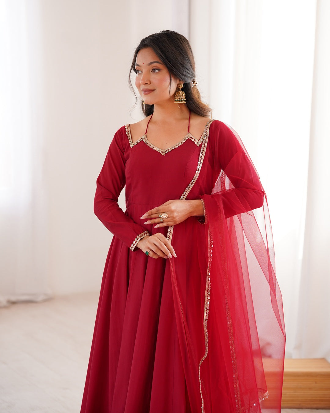Maroon Color Chanderi Roman Silk Three Piece Anarkali Suit | Festive Elegance