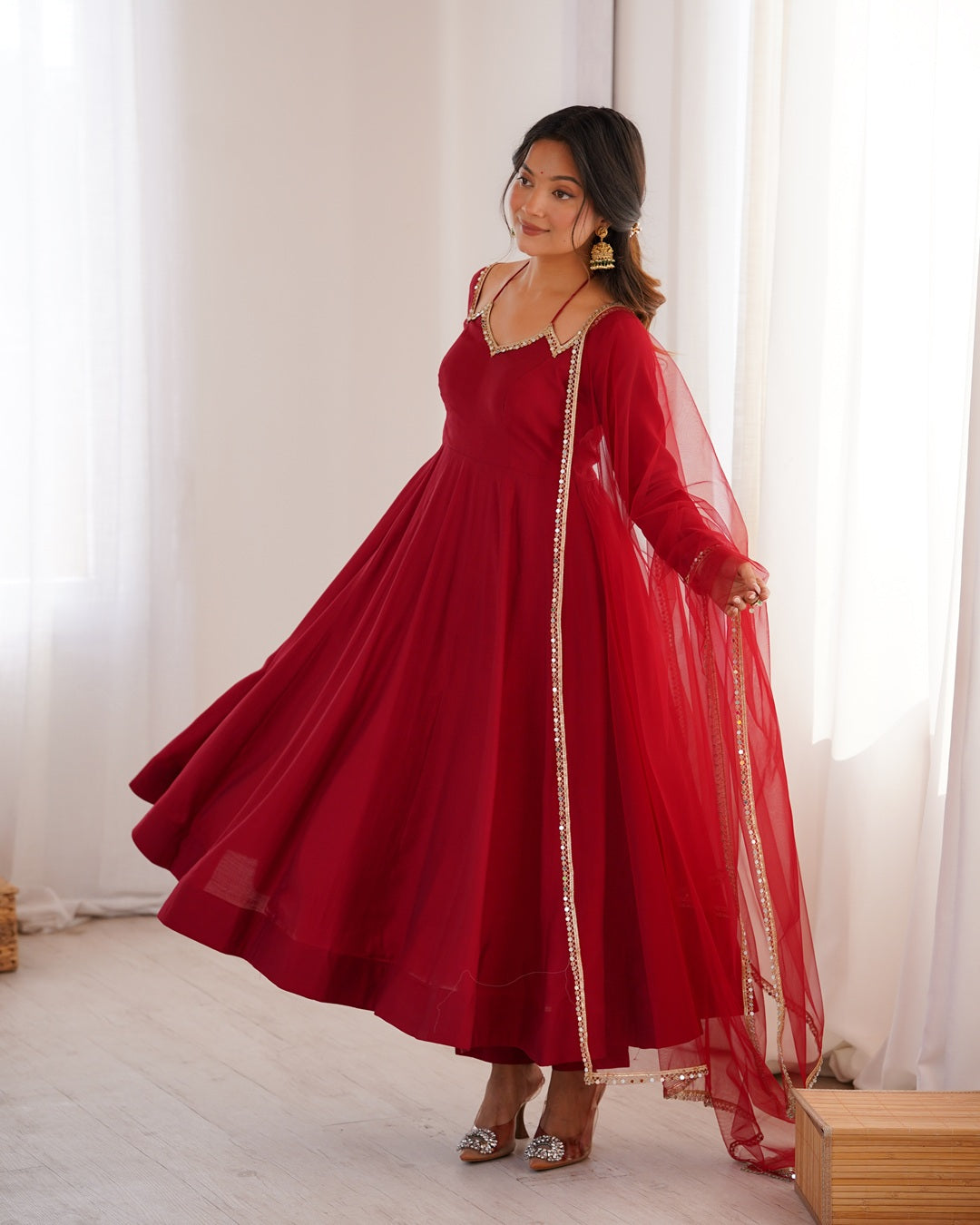 Maroon Color Chanderi Roman Silk Three Piece Anarkali Suit | Festive Elegance