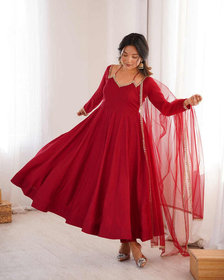 Maroon Color Chanderi Roman Silk Three Piece Anarkali Suit | Festive Elegance