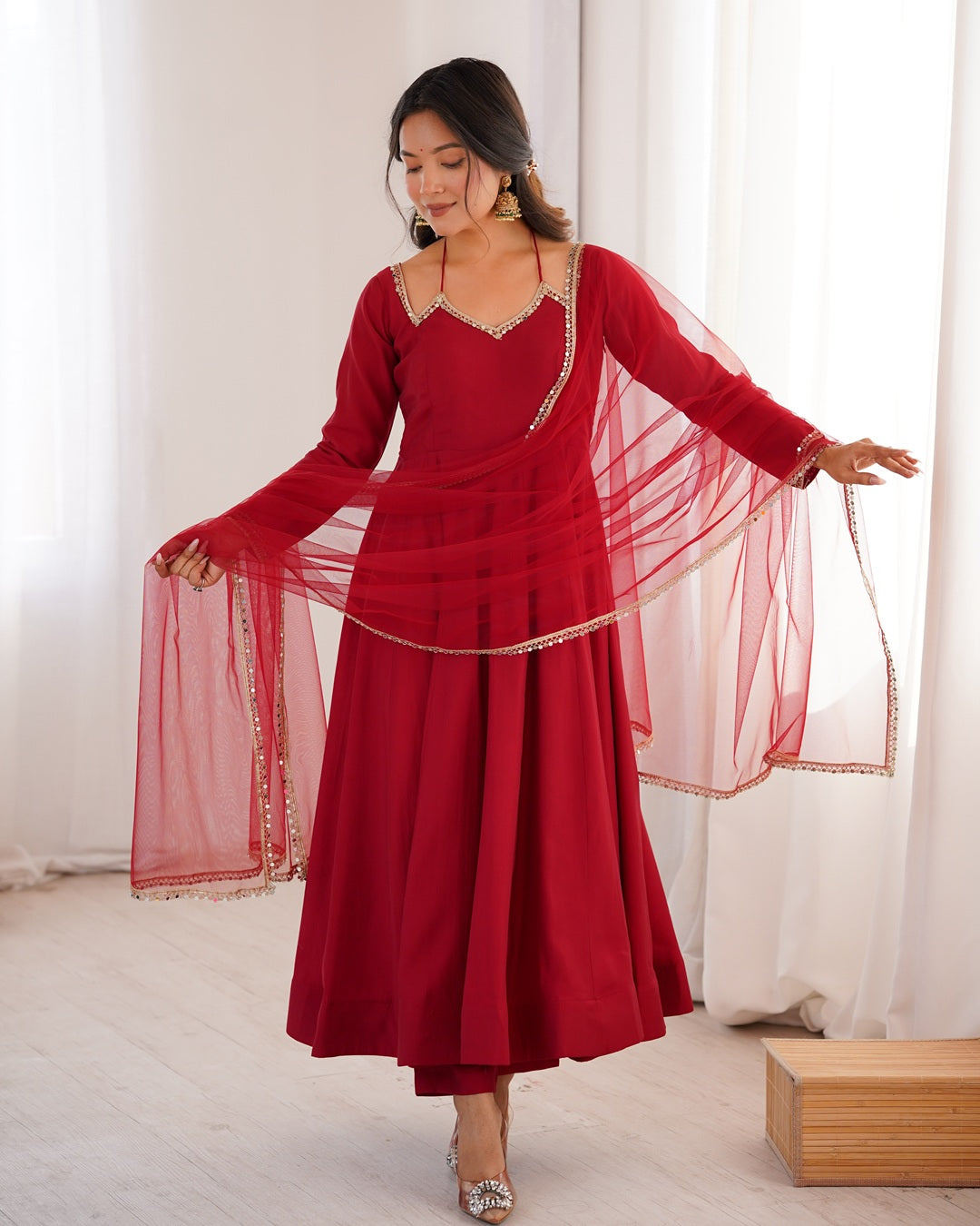 Maroon Color Chanderi Roman Silk Three Piece Anarkali Suit | Festive Elegance