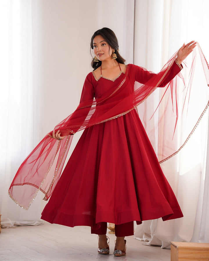 Maroon Color Chanderi Roman Silk Three Piece Anarkali Suit | Festive Elegance