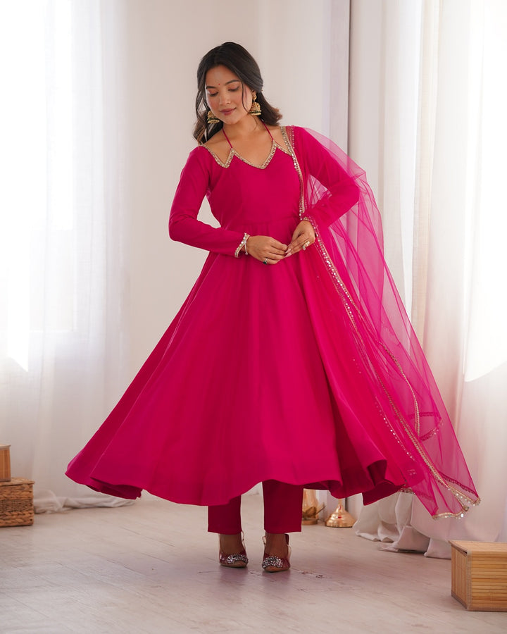 Rani Pink Color Chanderi Roman Silk Three Piece Anarkali Suit | Festive Elegance