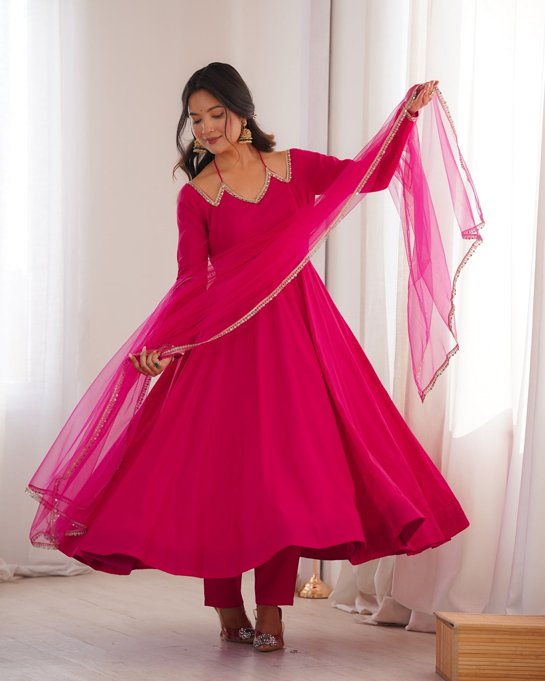 Rani Pink Color Chanderi Roman Silk Three Piece Anarkali Suit | Festive Elegance