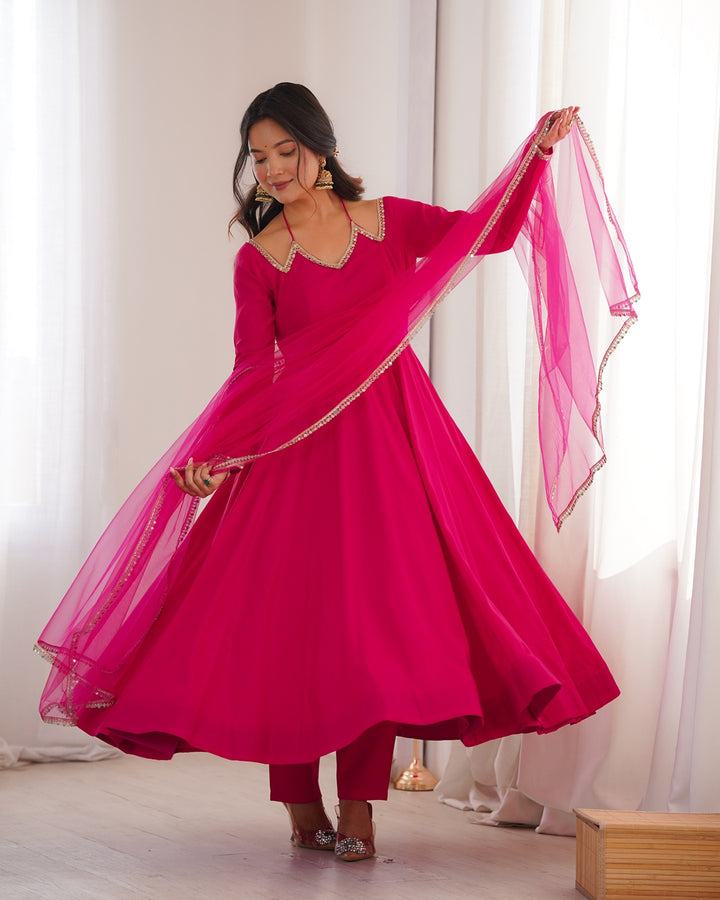 Rani Pink Color Chanderi Roman Silk Three Piece Anarkali Suit | Festive Elegance