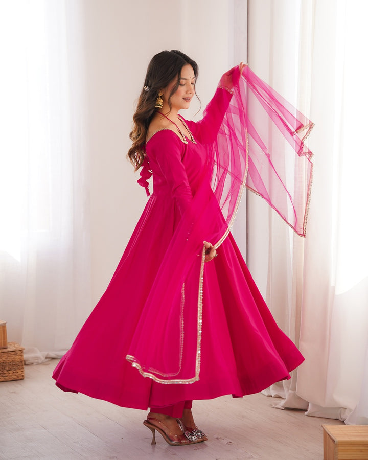 Rani Pink Color Chanderi Roman Silk Three Piece Anarkali Suit | Festive Elegance
