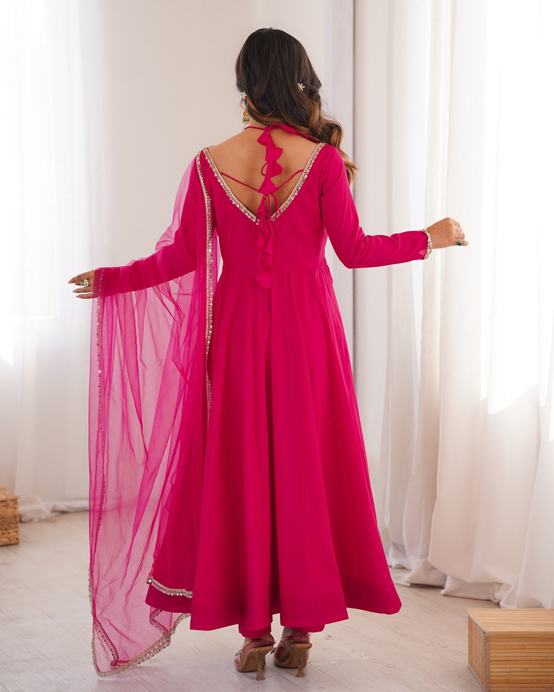 Rani Pink Color Chanderi Roman Silk Three Piece Anarkali Suit | Festive Elegance