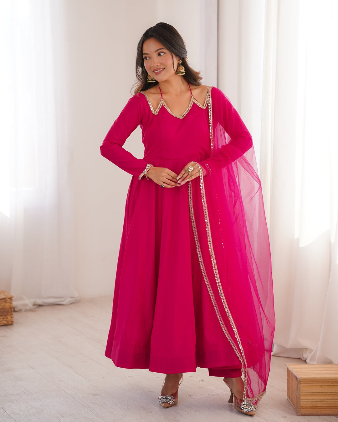 Rani Pink Color Chanderi Roman Silk Three Piece Anarkali Suit | Festive Elegance