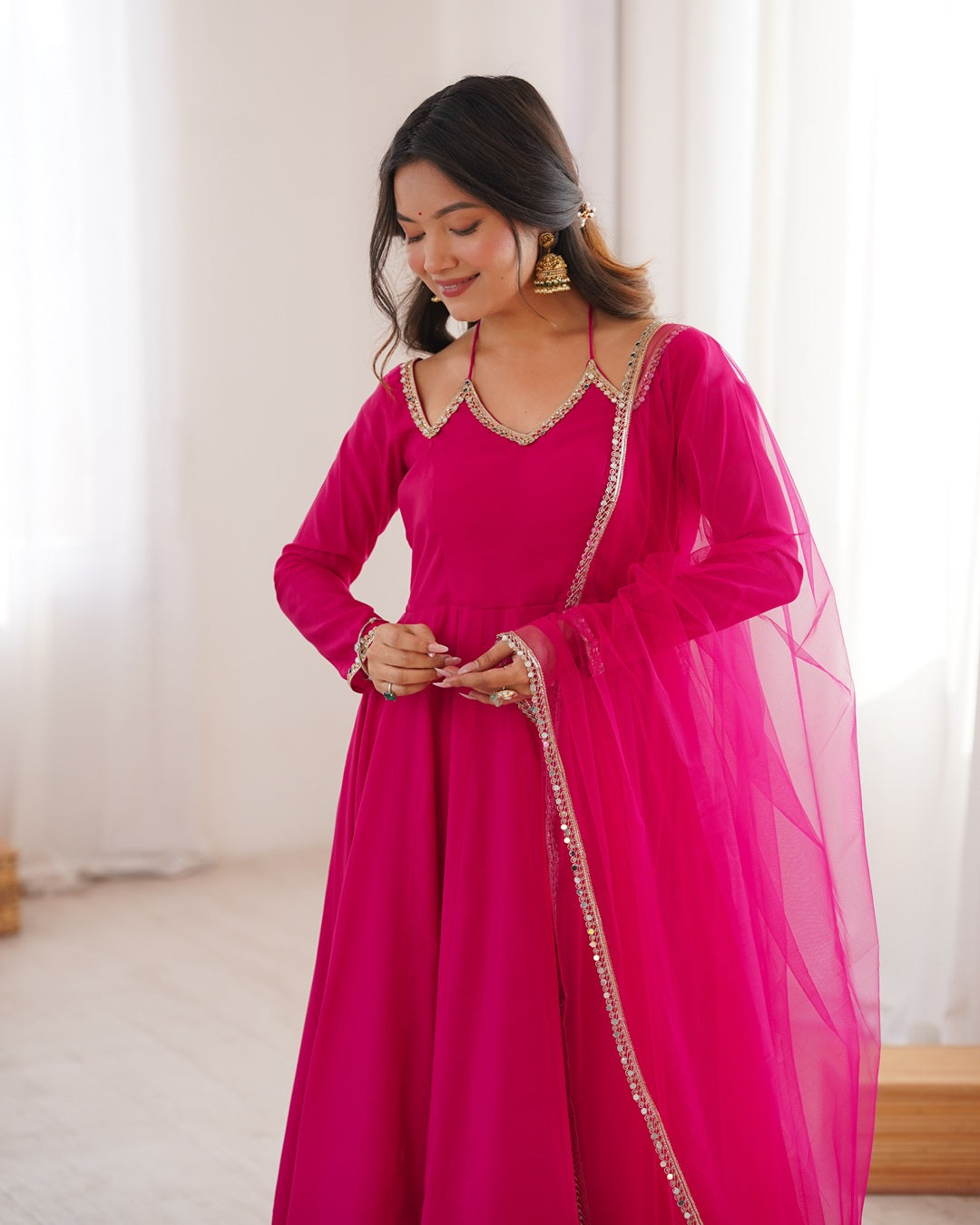 Rani Pink Color Chanderi Roman Silk Three Piece Anarkali Suit | Festive Elegance