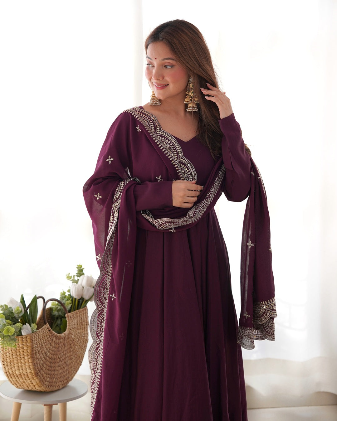 Beautiful Wine Color Pure Chanderi Silk Three Piece Anarkali Suit