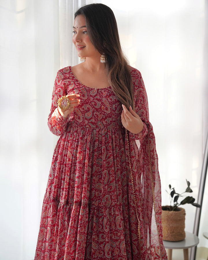Maroon Color Georgette Three Layer Ruffle Style Anarkali Suit