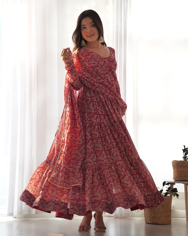Maroon Color Georgette Three Layer Ruffle Style Anarkali Suit