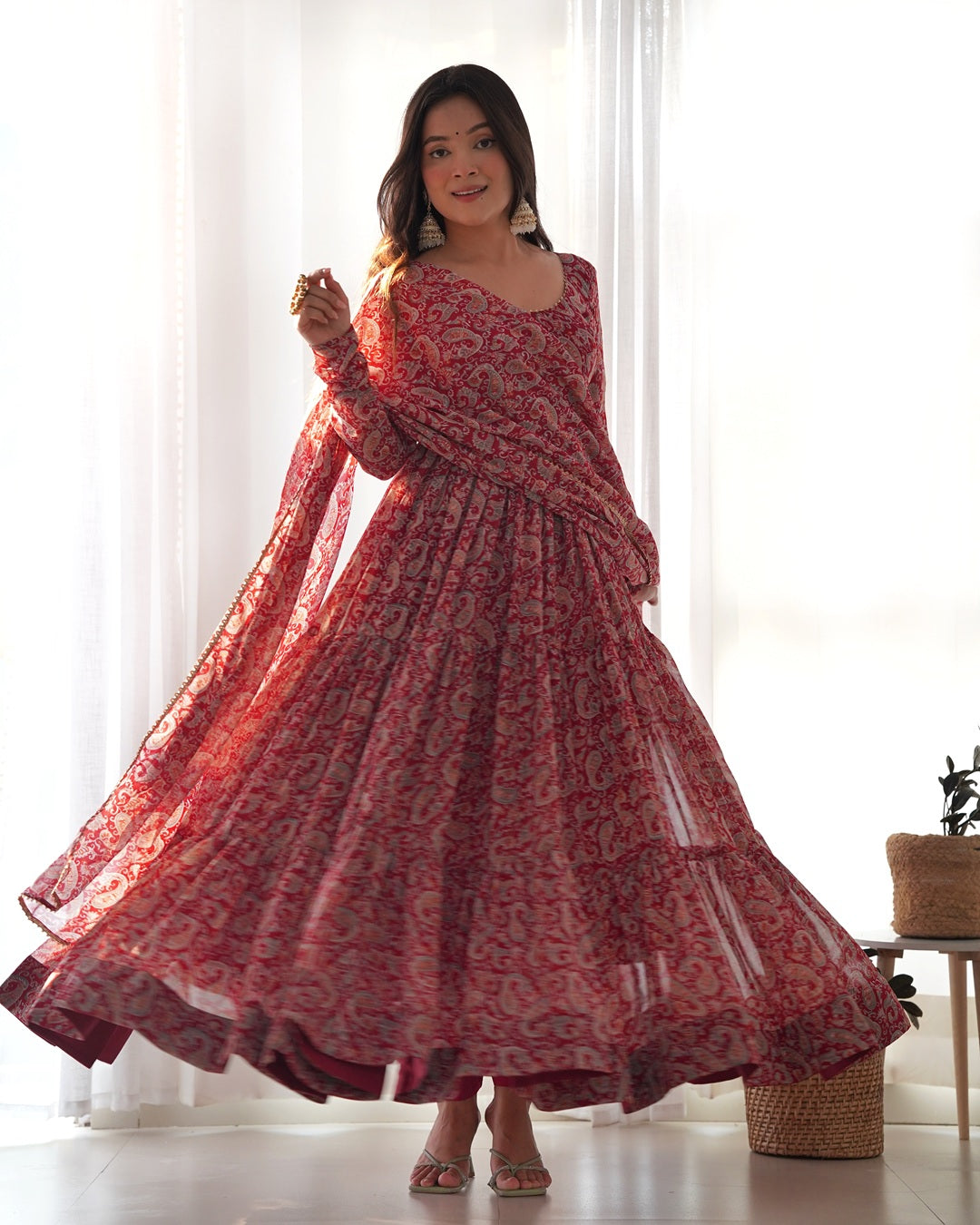 Maroon Color Georgette Three Layer Ruffle Style Anarkali Suit