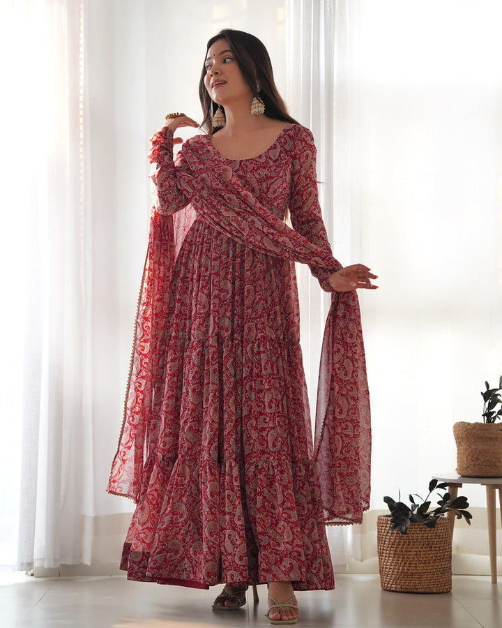 Maroon Color Georgette Three Layer Ruffle Style Anarkali Suit