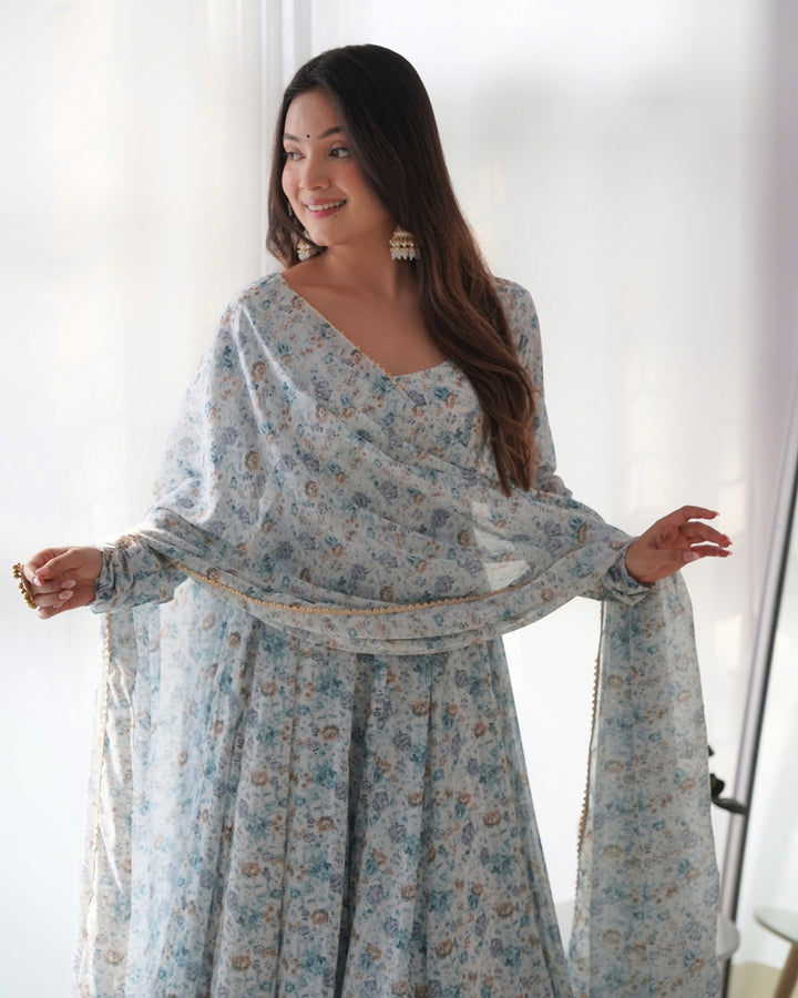 White Heavy Chiffon Floral Print With Fully Flair Three Piece Anarkali Suit