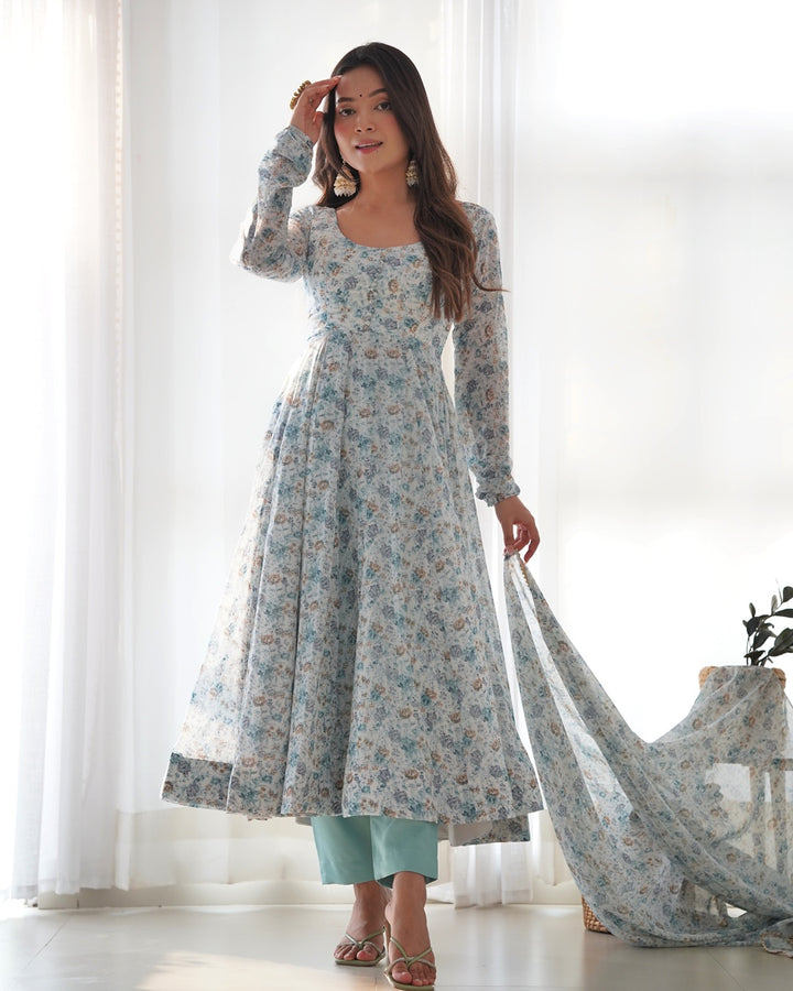 White Heavy Chiffon Floral Print With Fully Flair Three Piece Anarkali Suit