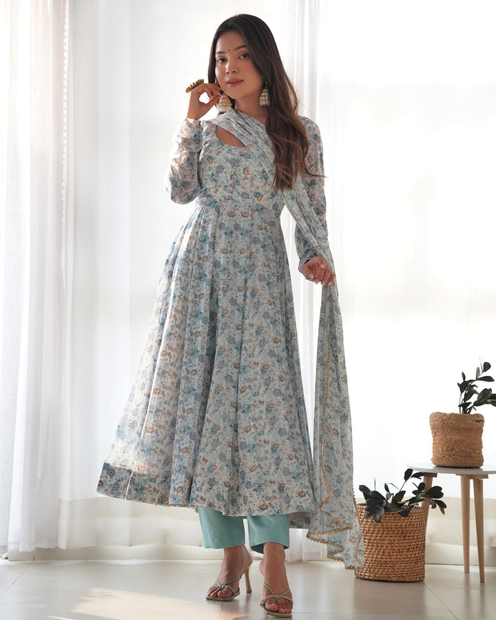 White Heavy Chiffon Floral Print With Fully Flair Three Piece Anarkali Suit