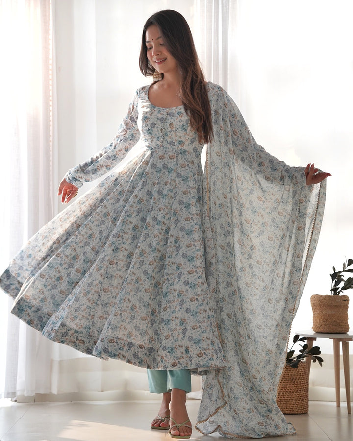 White Heavy Chiffon Floral Print With Fully Flair Three Piece Anarkali Suit