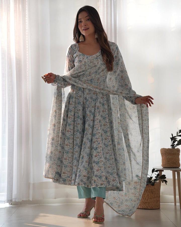 White Heavy Chiffon Floral Print With Fully Flair Three Piece Anarkali Suit
