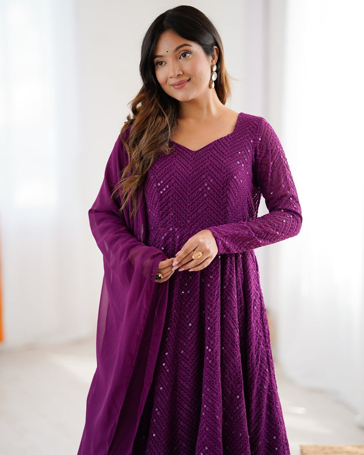 Wine Peach Color Georgette Lucknowi Three Piece Anarkali Suit