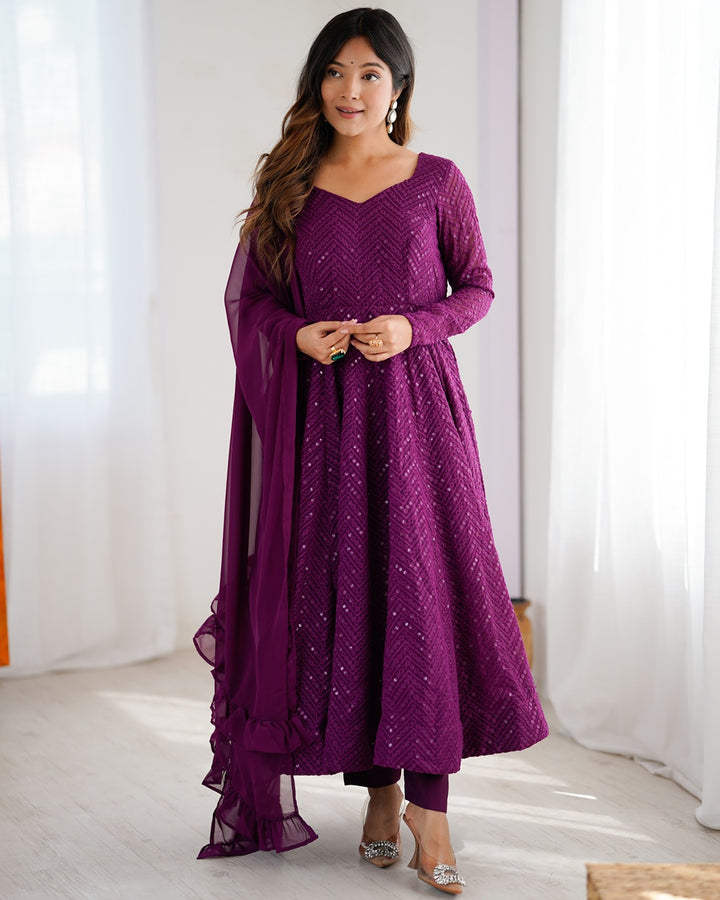 Wine Peach Color Georgette Lucknowi Three Piece Anarkali Suit