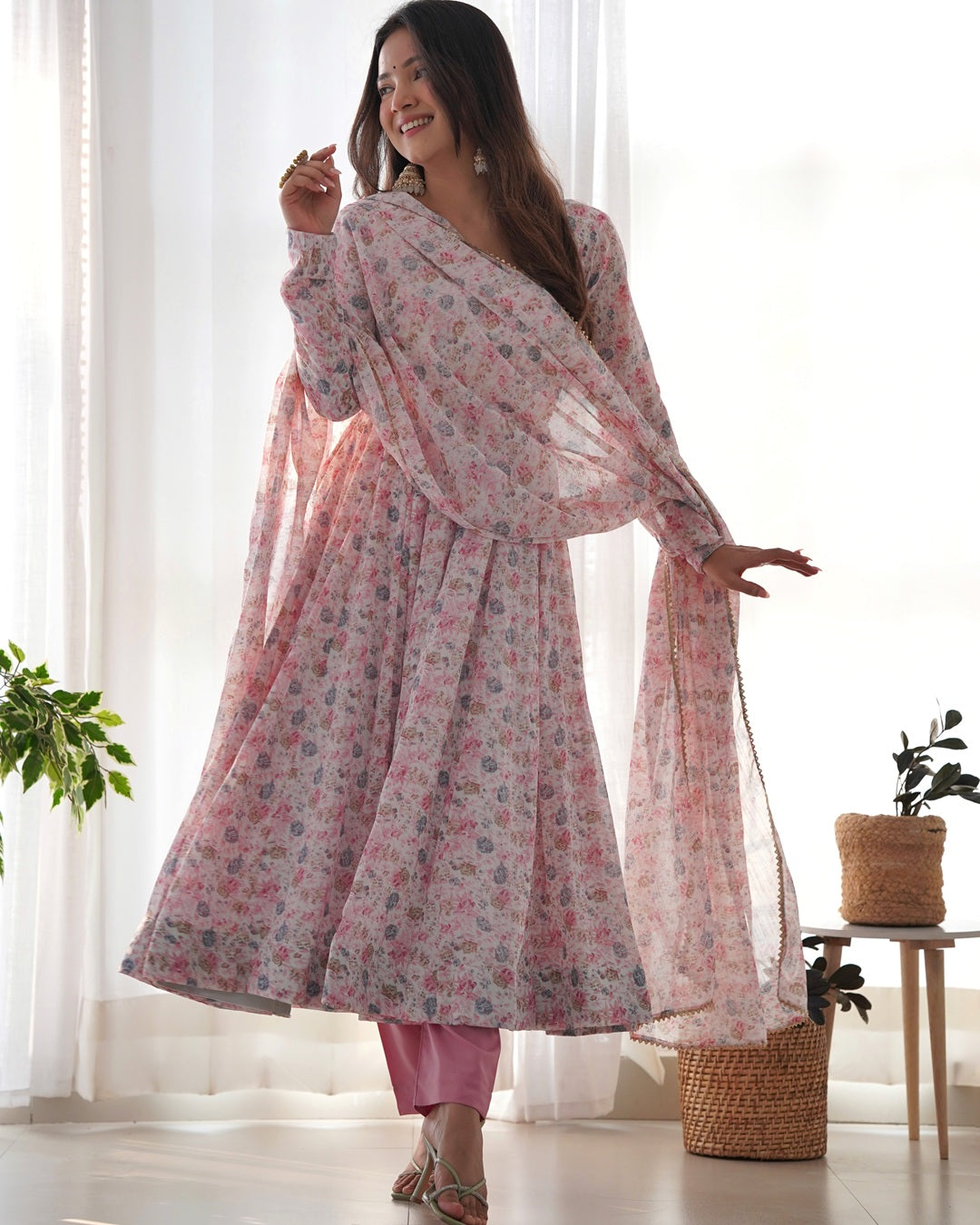 Baby Pink Color Heavy Chiffon Floral Print With Full Flair Three Piece Anarkali Suit