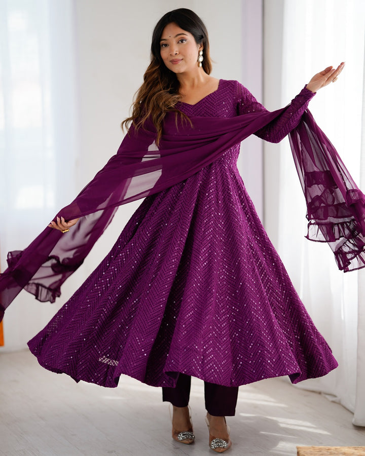 Wine Peach Color Georgette Lucknowi Three Piece Anarkali Suit