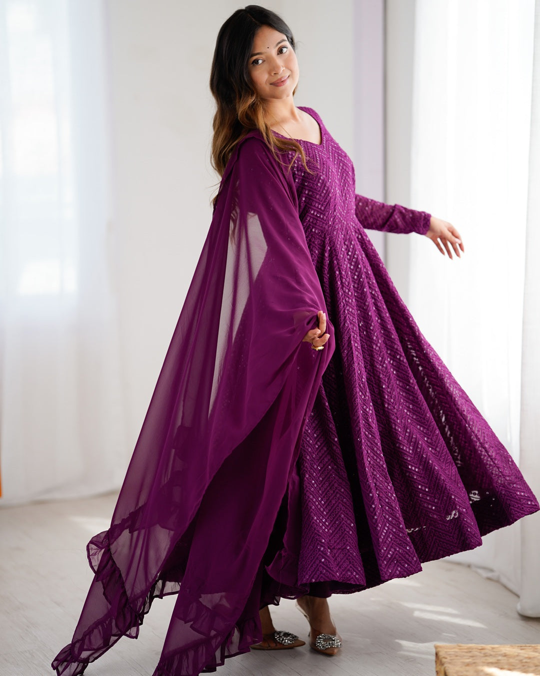 Wine Peach Color Georgette Lucknowi Three Piece Anarkali Suit