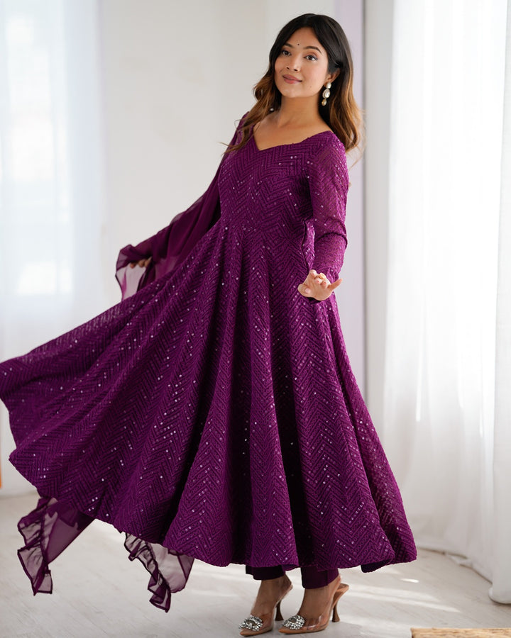 Wine Peach Color Georgette Lucknowi Three Piece Anarkali Suit