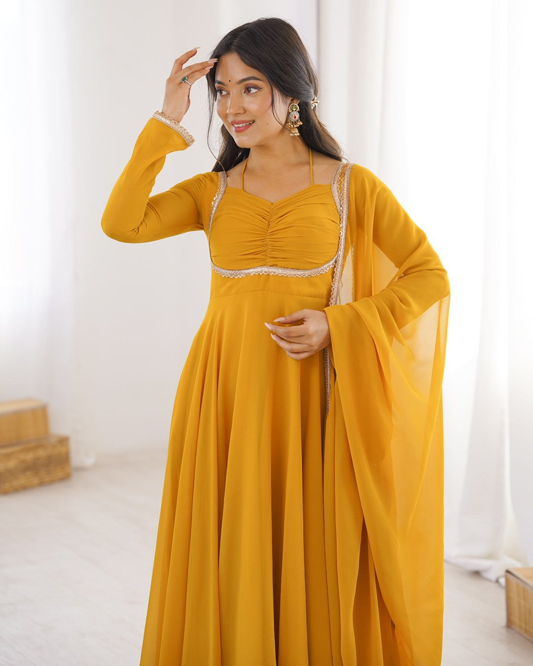 Yellow Pure Blooming Georgette Anarkali Gown | Elegant Festive & Wedding Wear