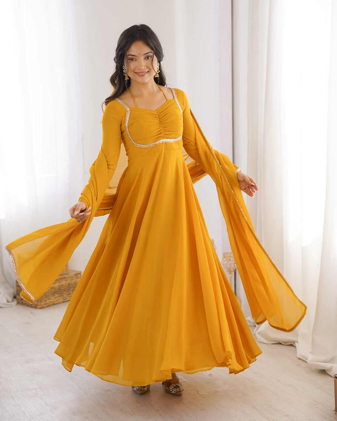 Yellow Pure Blooming Georgette Anarkali Gown | Elegant Festive & Wedding Wear