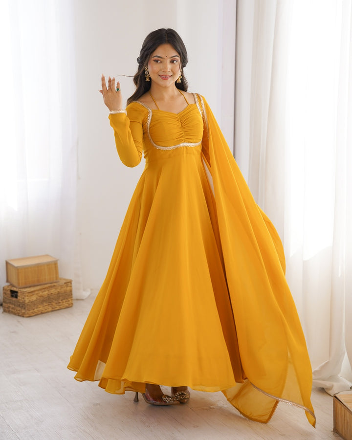 Yellow Pure Blooming Georgette Anarkali Gown | Elegant Festive & Wedding Wear