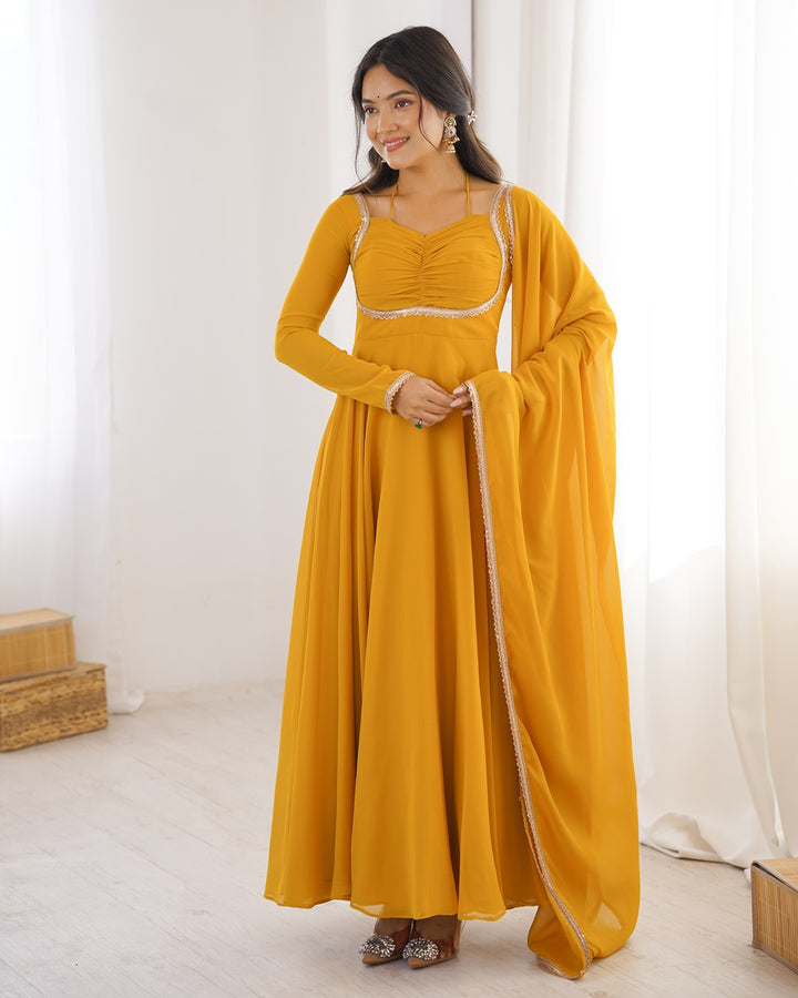 Yellow Pure Blooming Georgette Anarkali Gown | Elegant Festive & Wedding Wear