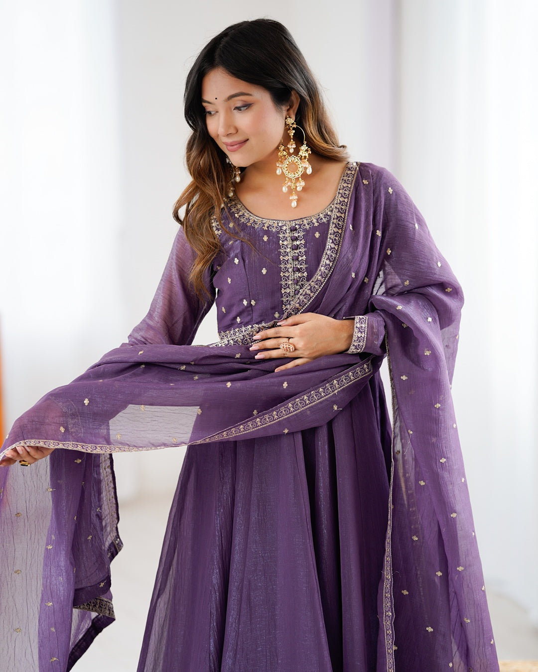 Purple Crunchy Silk Anarkali Gown Set – Ready to Wear