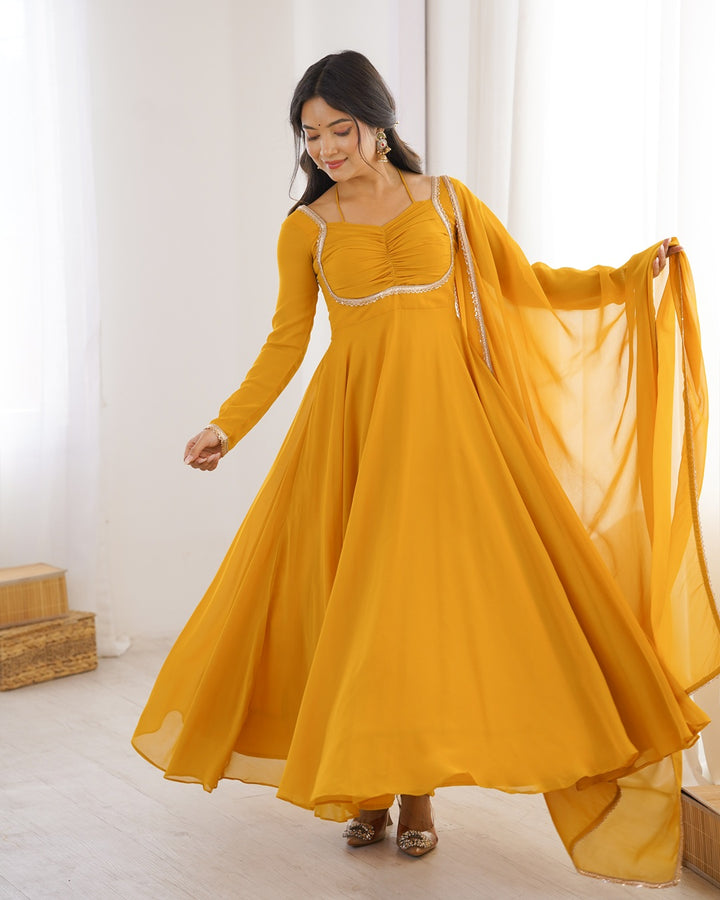 Yellow Pure Blooming Georgette Anarkali Gown | Elegant Festive & Wedding Wear