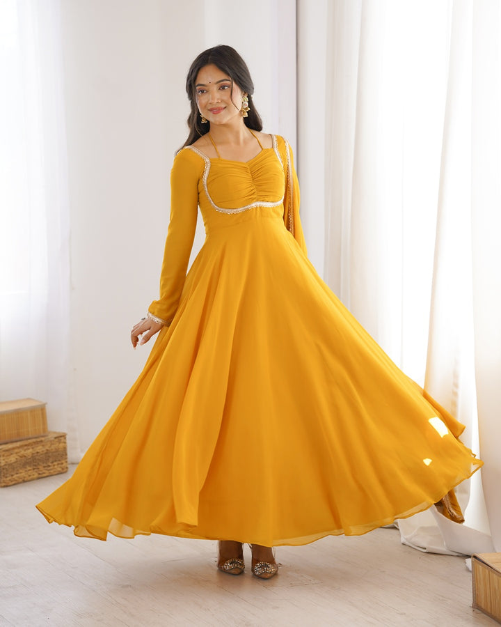 Yellow Pure Blooming Georgette Anarkali Gown | Elegant Festive & Wedding Wear
