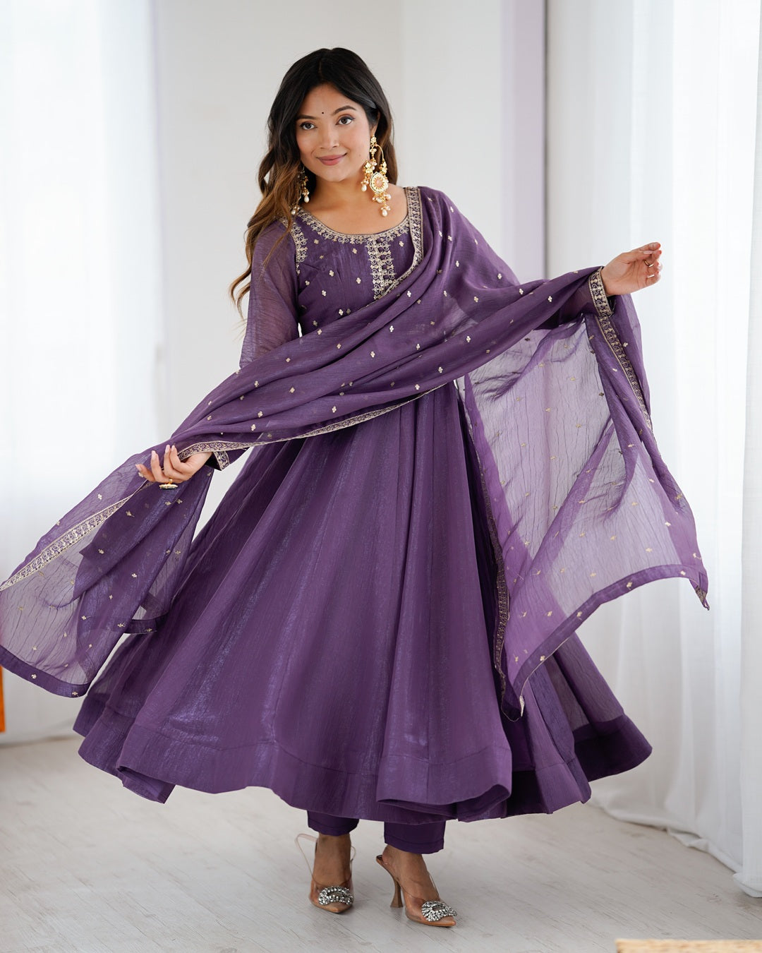Purple Crunchy Silk Anarkali Gown Set – Ready to Wear