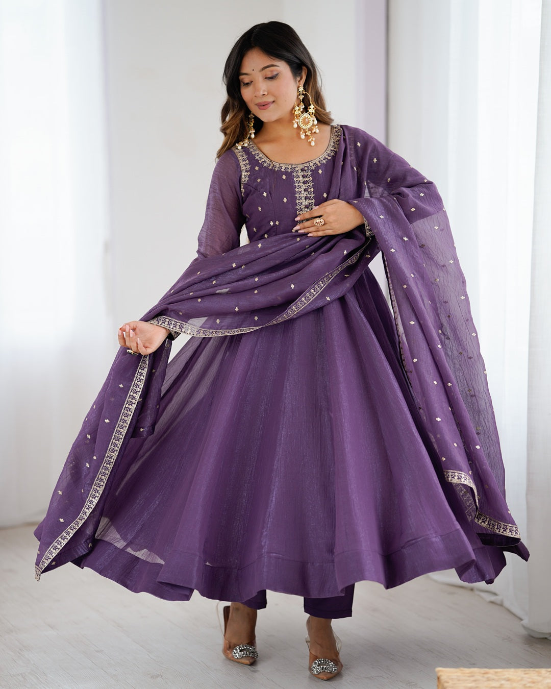 Purple Crunchy Silk Anarkali Gown Set – Ready to Wear