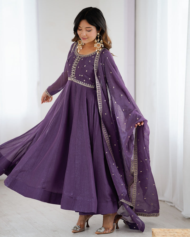 Purple Crunchy Silk Anarkali Gown Set – Ready to Wear