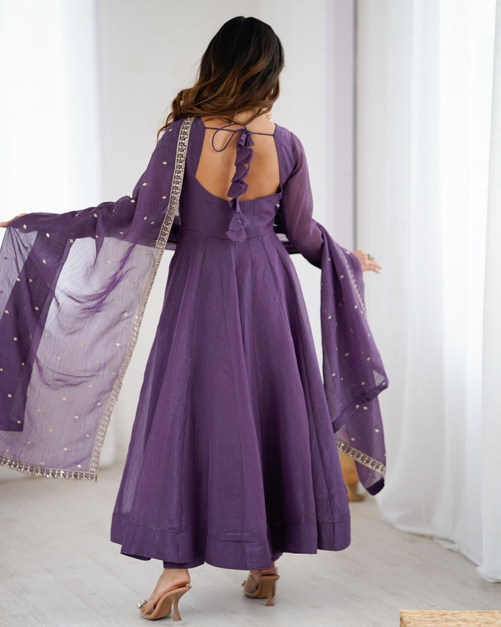 Purple Crunchy Silk Anarkali Gown Set – Ready to Wear